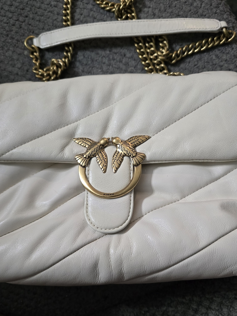 Pinko Maxi Puff Quilted Leather Love Birds Shoulder Bag white